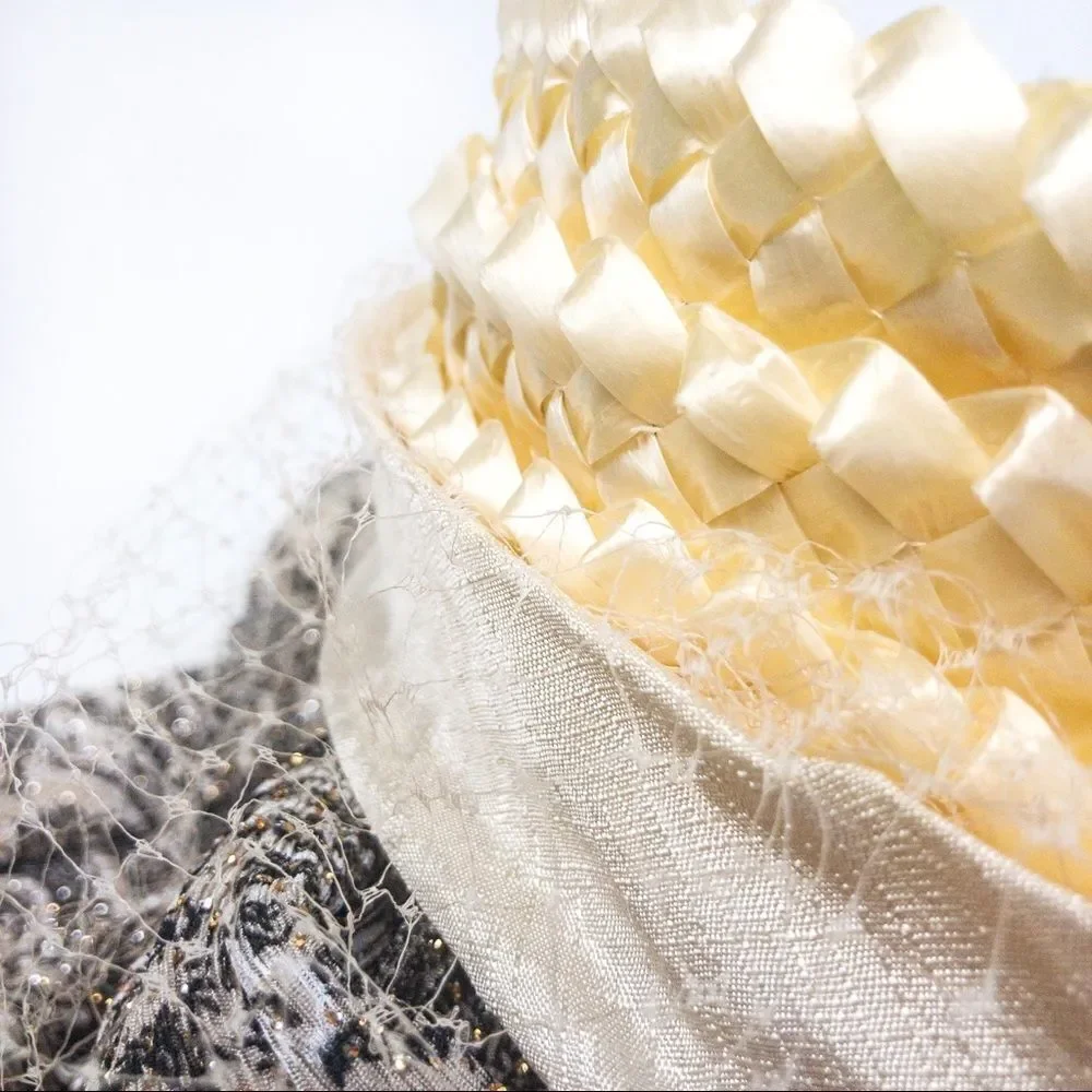 Vintage Pearl Straw Pillbox Hat with Netting - Picture 10 of 10